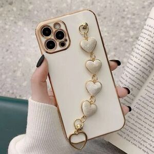 iPhone 15Pro 1pc Solid Color Plush Heart Shaped Bracelet & Phone Case